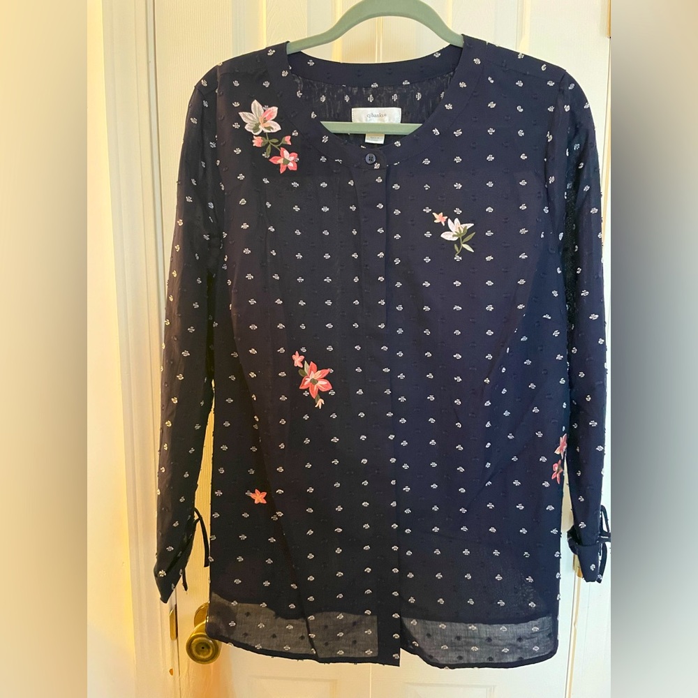Navy blue print ladies blouse size 1x